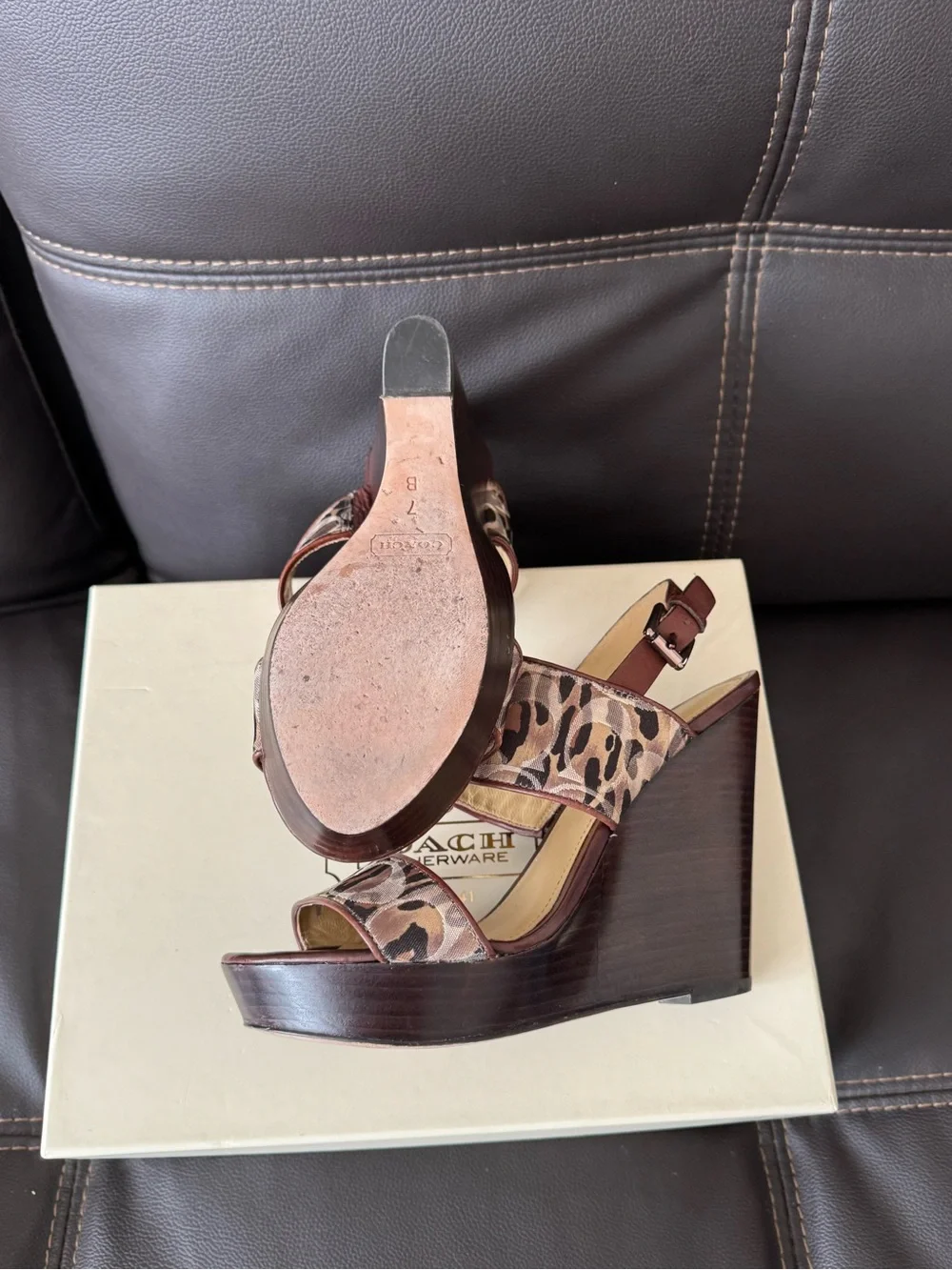 Coach Leopard-Print Leather Slingback Sandals in Brown and Tan
